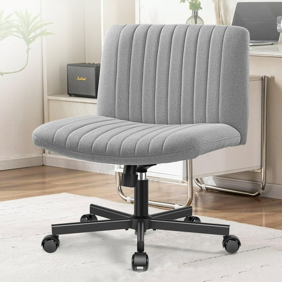 COOLHUT Office Chair Armless Criss Cross Legged Chair with Wheels, Linen Fabric Comfy Home Office Desk Chairs, Wide Seat Vanity Task Computer Chair, Light Gray