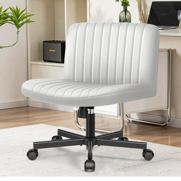 COOLHUT Office Chair Armless Criss Cross Legged Chair with Wheels, PU Leather Comfy Home Office Desk Chairs, Wide Seat Vanity Task Computer Chair, White