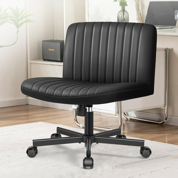 COOLHUT Office Chair Armless Criss Cross Legged Chair with Wheels, PU Leather Comfy Home Office Desk Chairs, Wide Seat Vanity Task Computer Chair, Black