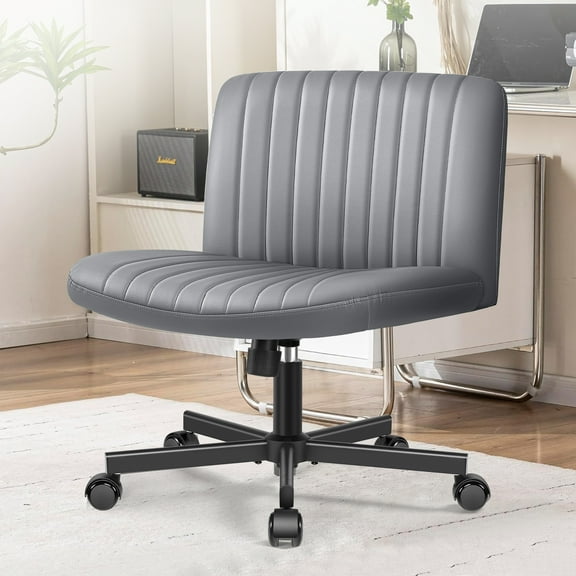 COOLHUT Office Chair Armless Criss Cross Legged Chair with Wheels, PU Leather Comfy Home Office Desk Chairs, Wide Seat Vanity Task Computer Chair, Gray