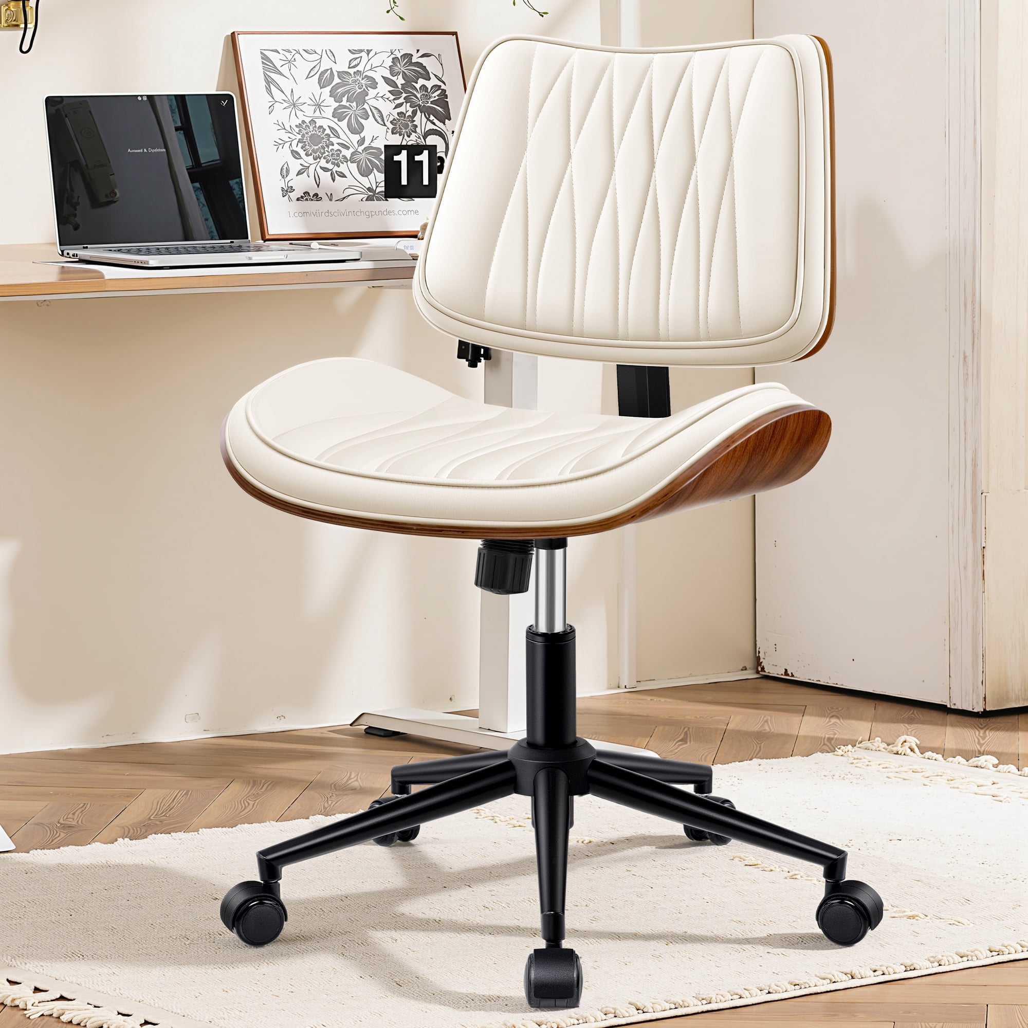 COOLHUT Home Office Chair, Armless Adjustable Height Small Office Desk Chair, PU Leather Swivel Computer Chair, Modern Walnut Bentwood Chair for Office, Reading, Makeup Vanity, Creamy White