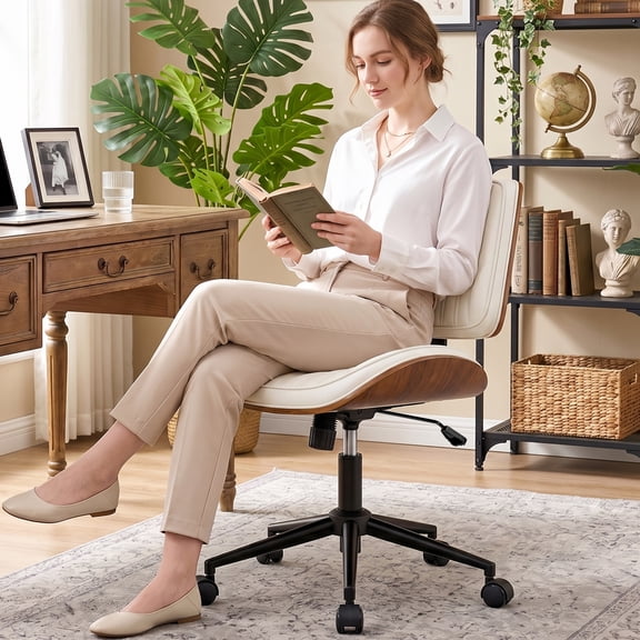 COOLHUT Home Office Chair, Armless Adjustable Height Small Office Desk Chair, PU Leather Swivel Computer Chair, Modern Walnut Bentwood Chair for Office, Reading, Makeup Vanity, Creamy White