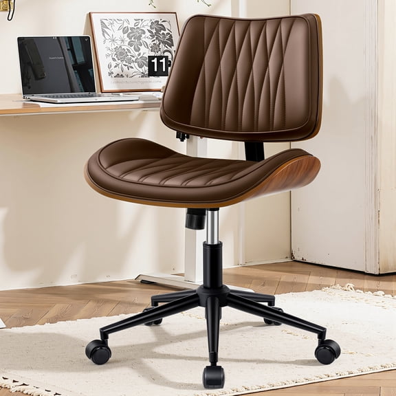 COOLHUT Home Office Chair, Armless Adjustable Height Small Office Desk Chair, PU Leather Swivel Computer Chair, Modern Walnut Bentwood Chair for Office, Reading Meeting Room, Makeup Vanity, Khaki