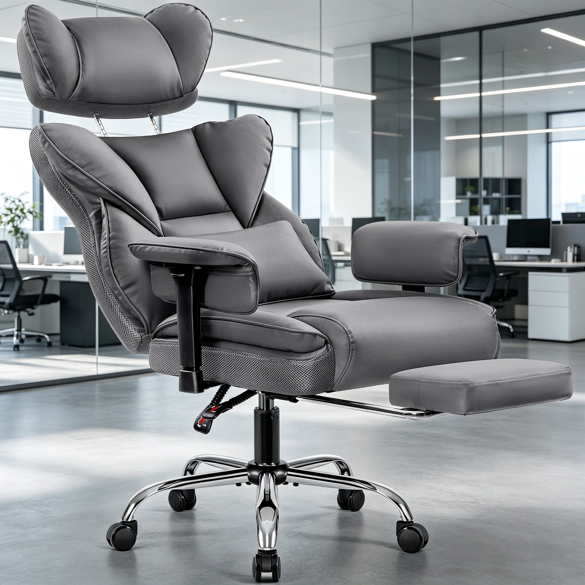 COOLHUT Big and Tall PU Leather Office Chair with Adjustable Headrest & Footrest, Executive Computer Desk Chair with 3D Adjustable Padded Armrest, Ergonomic Office Chair with Lumbar Support, Gray