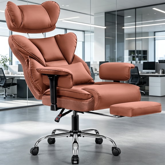 COOLHUT Big and Tall PU Leather Office Chair with Adjustable Headrest & Footrest, Executive Computer Desk Chair with 3D Adjustable Padded Armrest, Ergonomic Office Chair with Lumbar Support, Brown