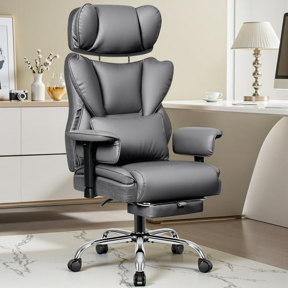 COOLHUT Big and Tall PU Leather Office Chair with Adjustable Headrest & Footrest, Executive Computer Desk Chair with 3D Adjustable Padded Armrest, Ergonomic Office Chair with Lumbar Support, Gray