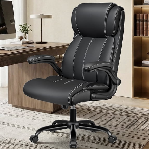 COOLHUT Big and Tall Office Chair 350LBS, Comfy Heavy Duty Executive Desk Chair with Adjustable Lumbar Support, Higth Back Computer Home Office Chair with Padded Flip -up Arms, Black