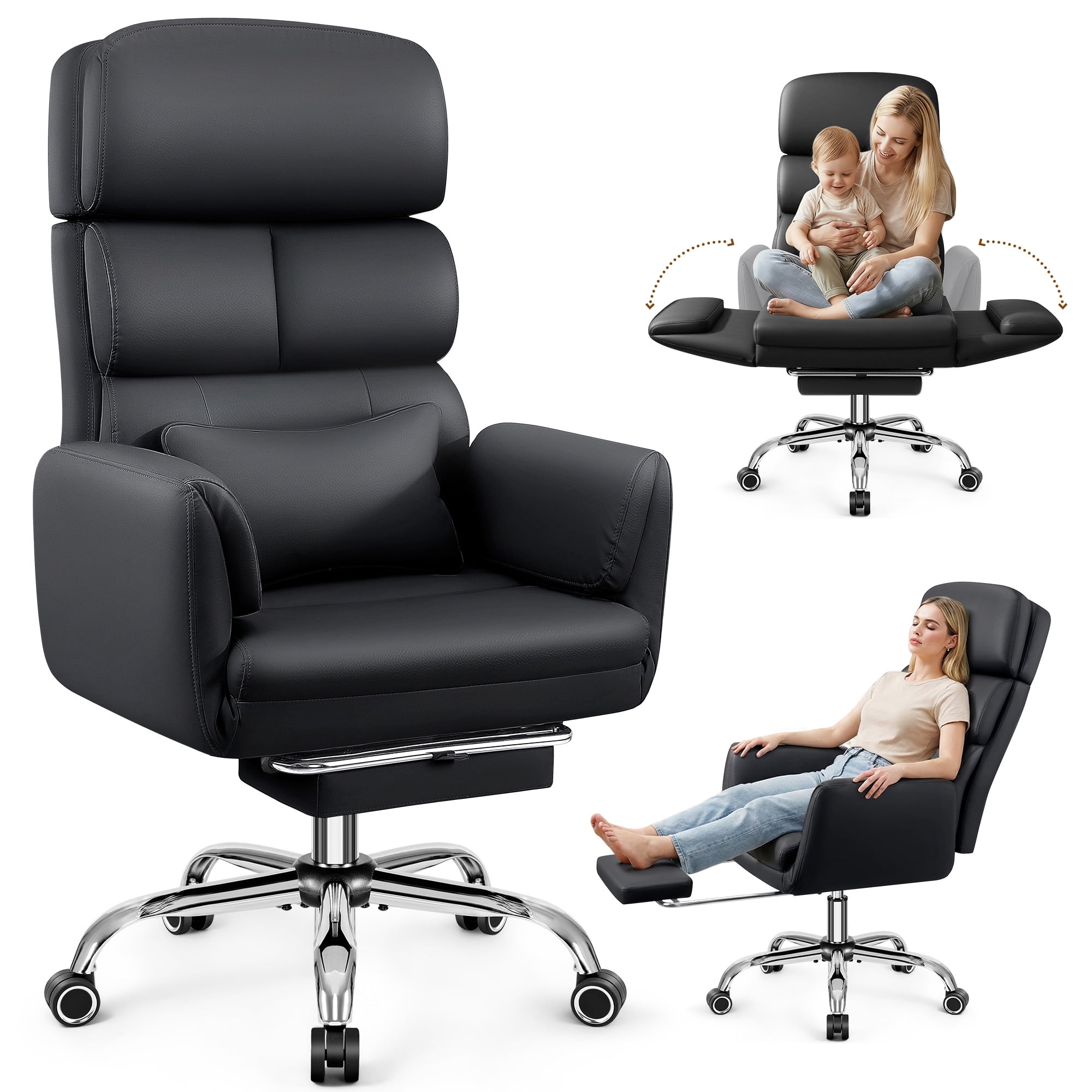 COOLHUT Big and Tall Office Chair 500LBS, Wide Seat Executive Office Desk Chair with Adjuatable Armrests and Headrest, PU Leather Hight Back Computer Chair with Footrest and Lumbar Suppor, Black