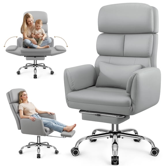 COOLHUT Big and Tall Office Chair 500LBS, Wide Seat Executive Office Desk Chair with Adjuatable Armrests and Headrest, PU Leather Hight Back Computer Chair with Footrest and Lumbar Suppor, Light Gray