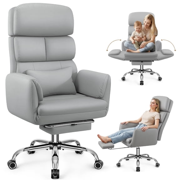COOLHUT Big and Tall Office Chair 500LBS, Wide Seat Executive Office Desk Chair with Adjuatable Armrests and Headrest, PU Leather Hight Back Computer Chair with Footrest and Lumbar Suppor, Light Gray