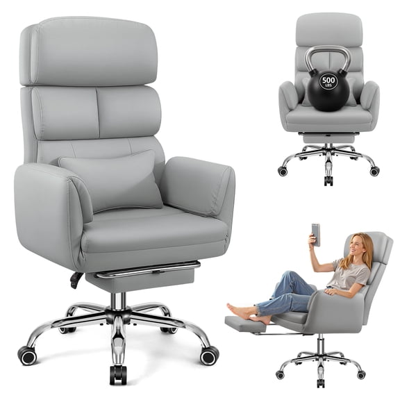 COOLHUT Big and Tall Office Chair 500LBS, Wide Seat Executive Office Desk Chair with Adjuatable Armrests and Headrest, PU Leather Hight Back Computer Chair with Footrest and Lumbar Suppor, Light Gray