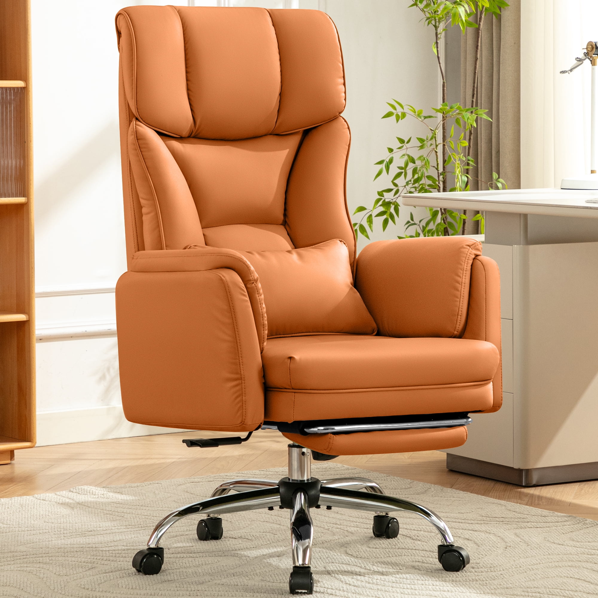 COOLHUT Big and Tall Office Chair, High Back Executive PU Leather Desk Chair with Footrest, Ergonomic Home Office Chair Computer Chair with Lumbar Support & Padded Armrest, Brown