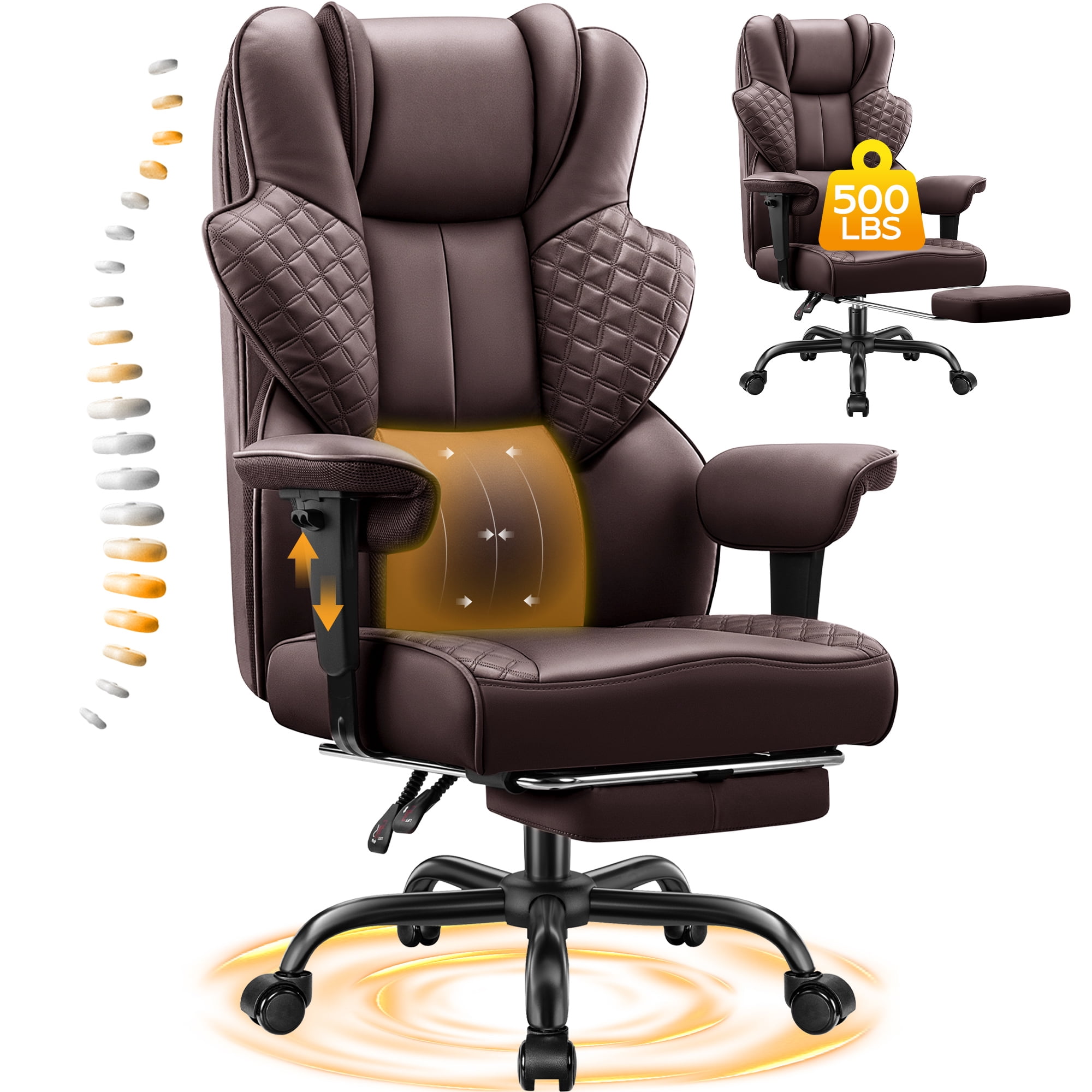 COOLHUT Big and Tall Office Chair 500lbs, Heavy Duty Ergonomic Office Desk Chair with Deluxe Embossing PU Leather with Footrest, Executive Gaming Chair with Lumbar Support, Coffee