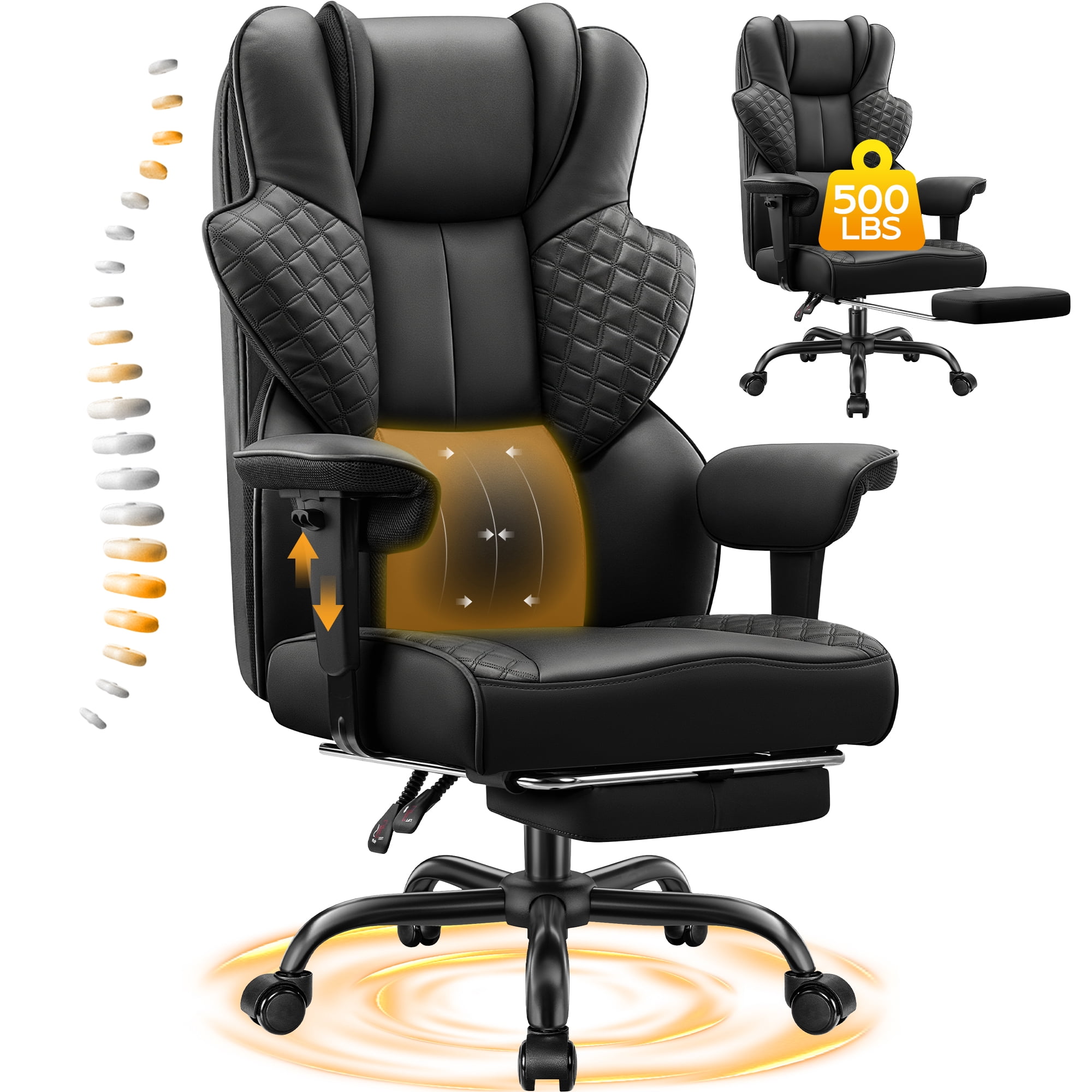 COOLHUT Big and Tall Office Chair 500lbs, Heavy Duty Ergonomic Office Desk Chair with Deluxe Embossing PU Leather with Footrest, Executive Gaming Chair with Lumbar Support, Black