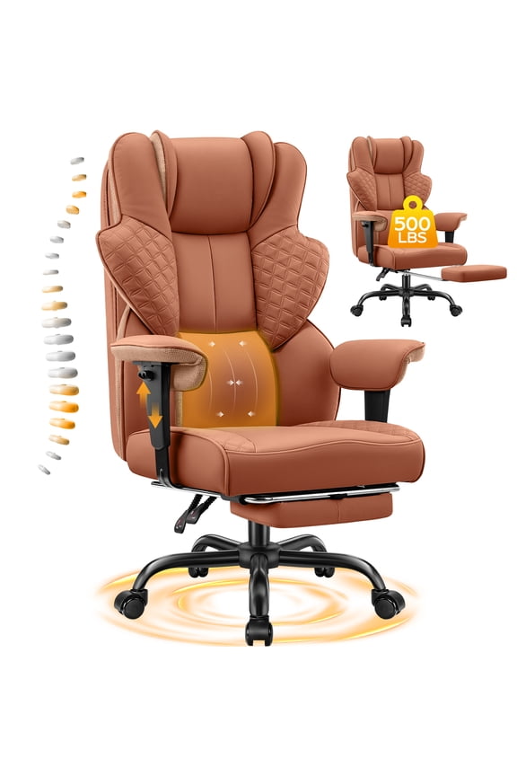 Big and Tall Office Chair 500lbs, Heavy Duty Ergonomic Office Desk Chair with Deluxe Embossing PU Leather with Footrest, Executive Gaming Chair with Lumbar Support, Brown