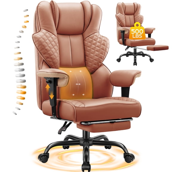 COOLHUT Big and Tall Office Chair 500lbs, Heavy Duty Ergonomic Office Desk Chair with Deluxe Embossing PU Leather with Footrest, Executive Gaming Chair with Lumbar Support, Brown