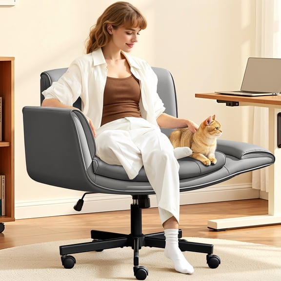 COOLHUT Criss Cross Office Chair with Armrests and Wheels, PU Leather Vanity Chair, Comfy Adjustable Swivel Computer Office Desk Chairs for Home Office, Make Up, Bedroom, Dark Gray