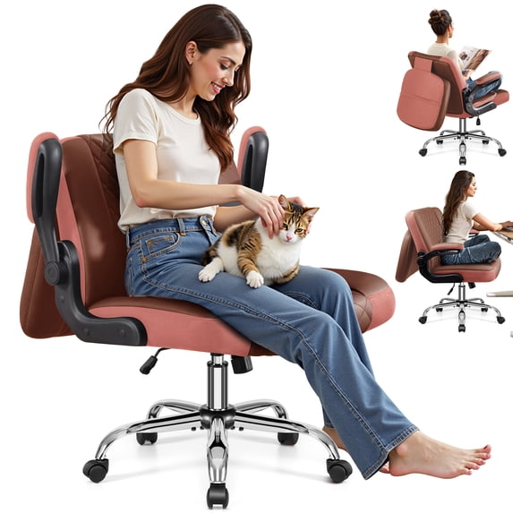COOLHUT Criss Cross Office Chair with Flip Padded Backrest, Comfy PU Leather Cross Legged Desk Chair, Flip-Up Arms Desk Chair with Wide Seat for Office Space, Brown