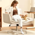 thumbnail image 1 of COOLHUT Criss Cross Office Chair, PU Leather Vanity Chair with Armrests and Wheels, Comfy Adjustable Swivel Ergonomic Cross Legged Chair for Home Office Bedroom Makeup, Beige, 1 of 14