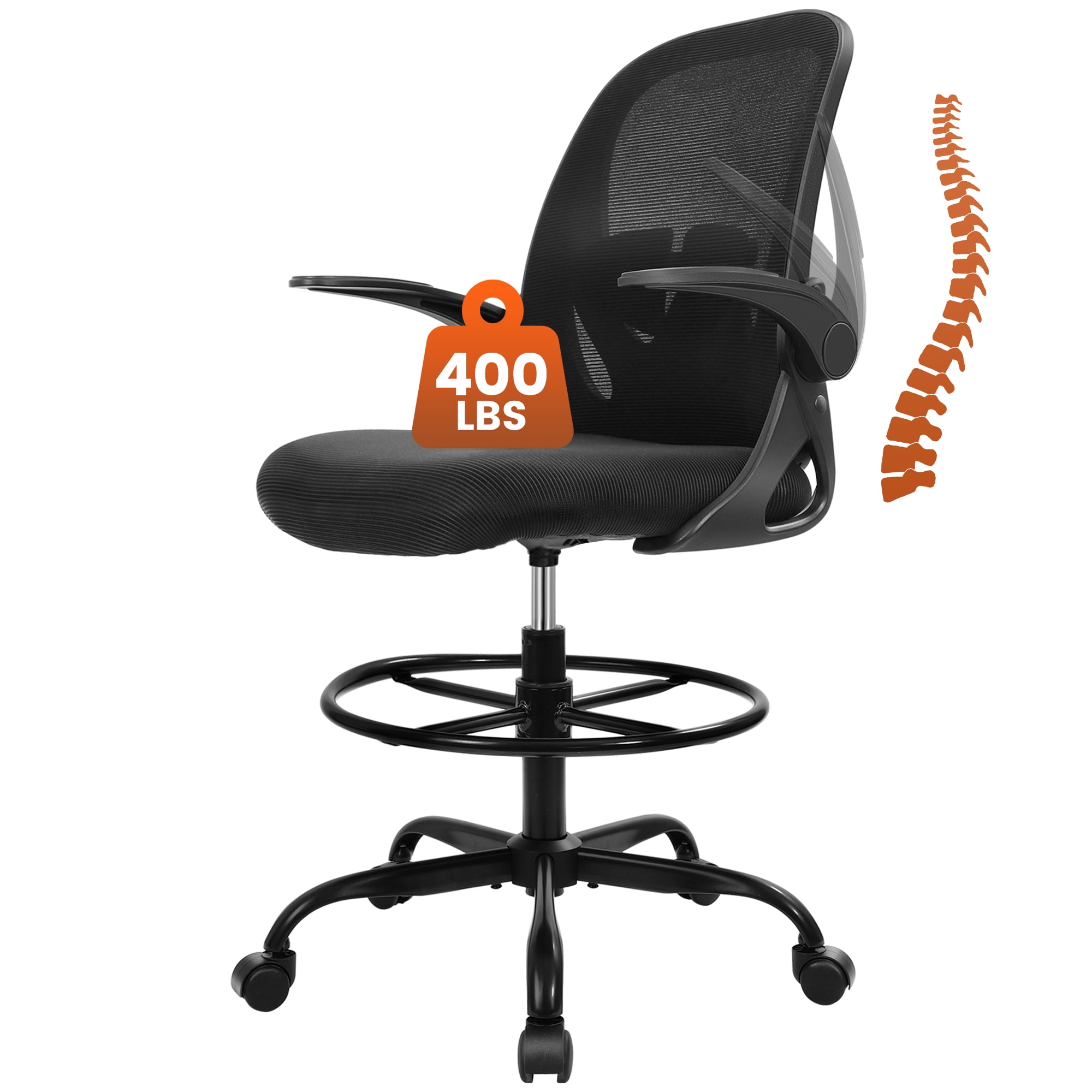 COOLHUT Tall Office Chair 400lbs with Footrest Ring, Standing Desk Chair with Flip-up Armrests, Adjustable Swivel Rolling Mesh Standing Desk Stool with Lumbar Support for Adults, Black