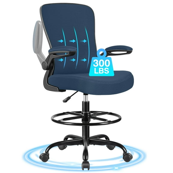 COOLHUT Home Office Chair with Flip-up Armrests for Standing Desk, Ergonomic Computer Office Desk Chair with Adjustable Foot Ring, Office Desk Chairs with Adjustab Lumbar Support, Navy Blue