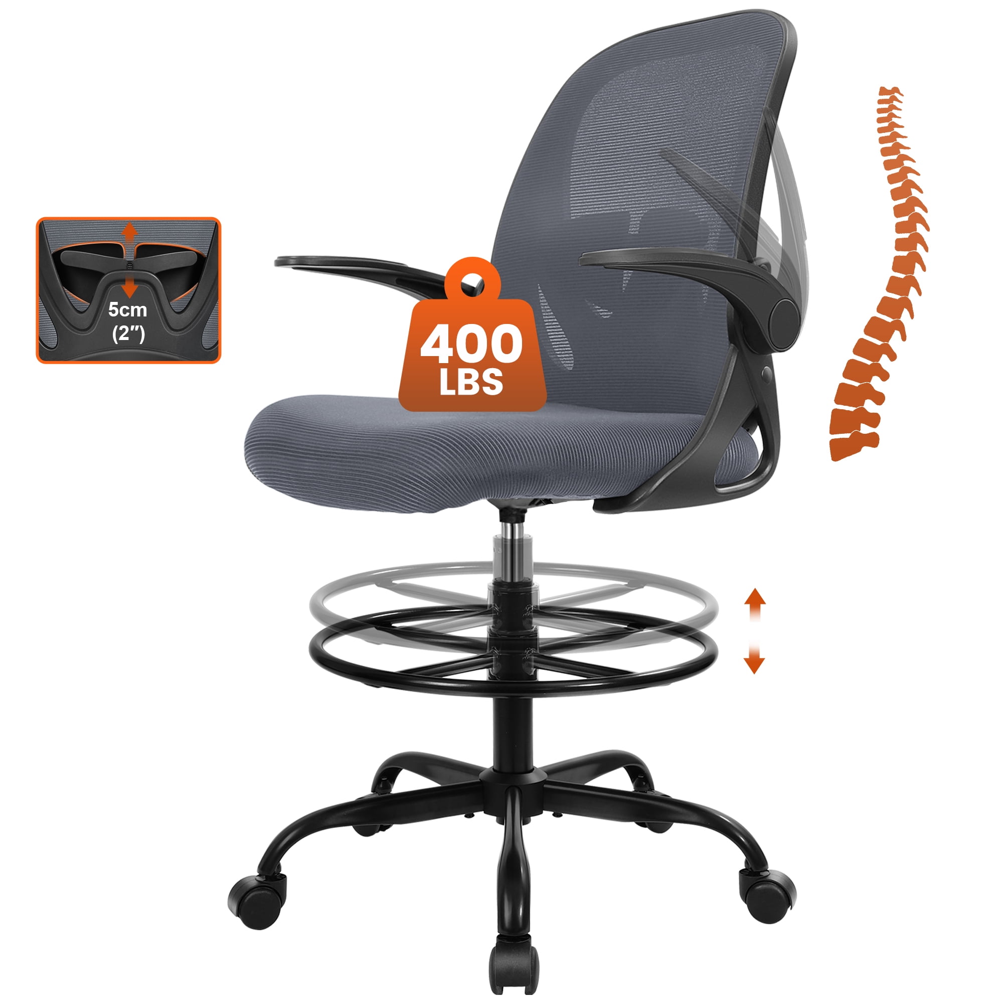 COOLHUT Tall Office Chair 400lbs with Footrest Ring, Standing Desk Chair with Flip-up Armrests, Adjustable Swivel Rolling Mesh Standing Desk Stool with Lumbar Support for Adults, Dark Gray