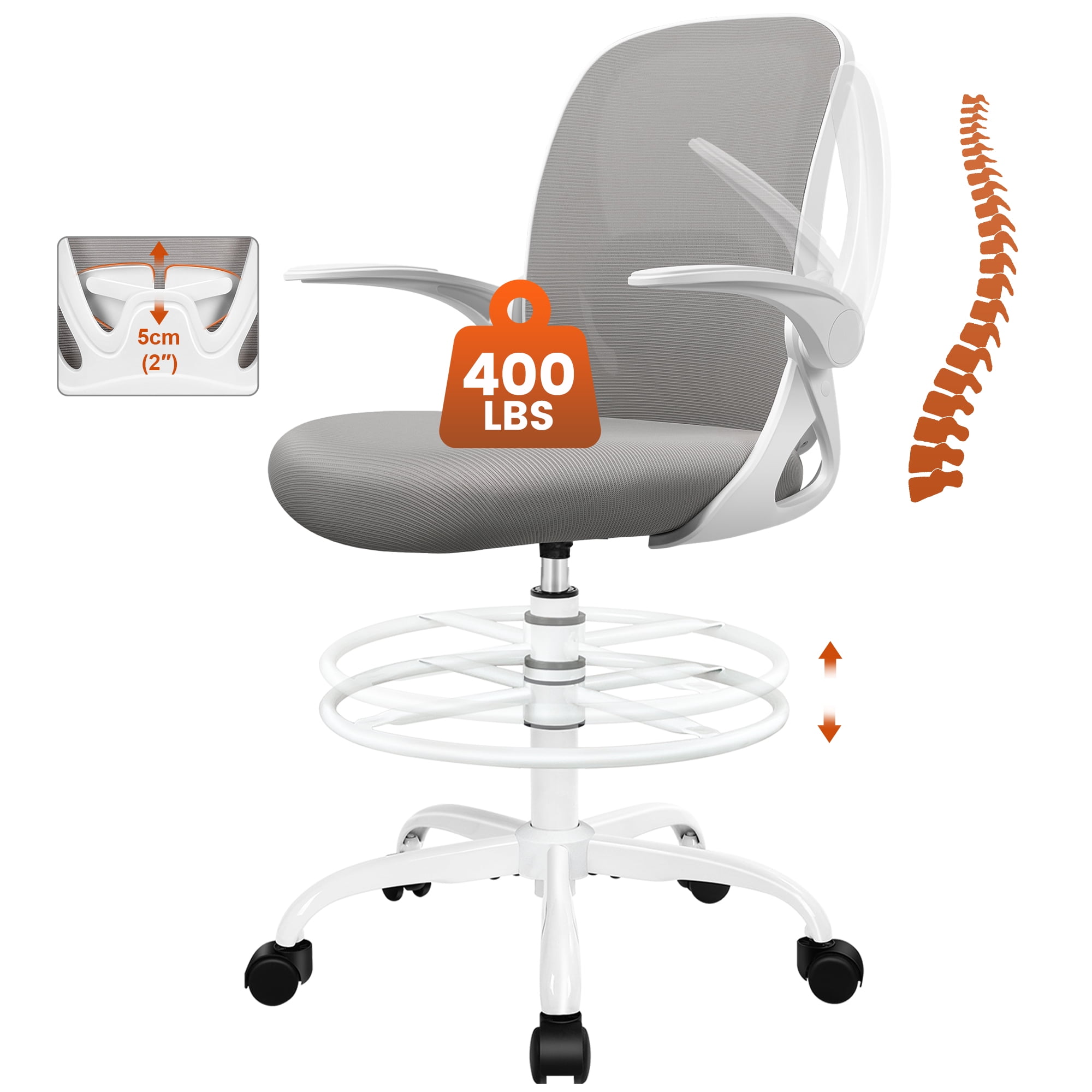 COOLHUT Tall Office Chair 400lbs with Footrest Ring, Standing Desk Chair with Flip-up Armrests, Adjustable Swivel Rolling Mesh Standing Desk Stool with Lumbar Support for Adults, Gray