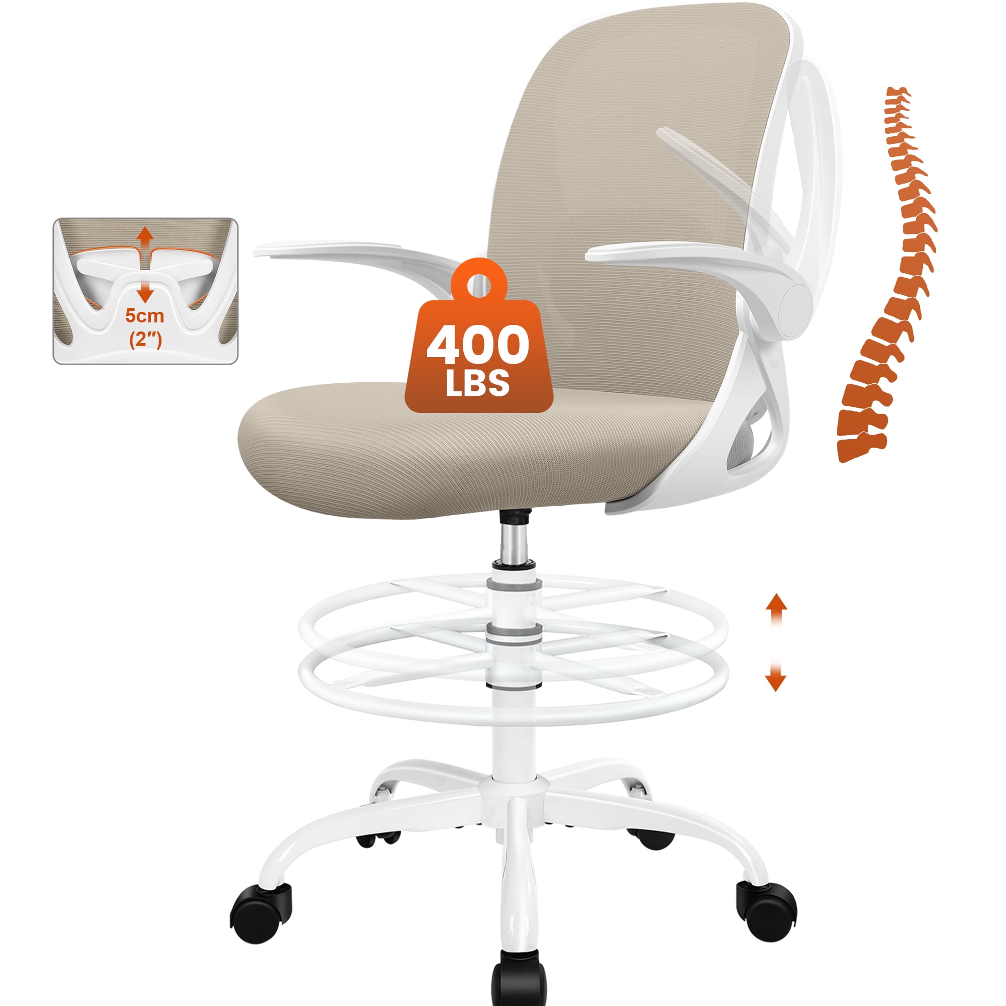 COOLHUT Tall Office Chair 400lbs with Footrest Ring, Standing Desk Chair with Flip-up Armrests, Adjustable Swivel Rolling Mesh Standing Desk Stool with Lumbar Support for Adults, Khaki