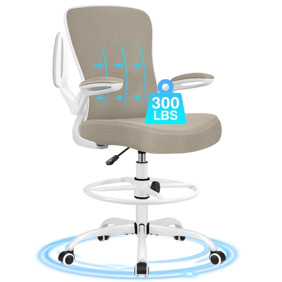 COOLHUT Home Office Chair with Flip-up Armrests for Standing Desk, Ergonomic Computer Office Desk Chair with Adjustable Foot Ring, Office Desk Chairs with Adjustab Lumbar Support, Khaki
