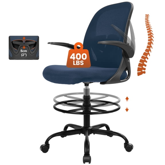 COOLHUT Tall Office Chair 400lbs with Footrest Ring, Standing Desk Chair with Flip-up Armrests, Adjustable Swivel Rolling Mesh Standing Desk Stool with Lumbar Support for Adults, Navy Blue
