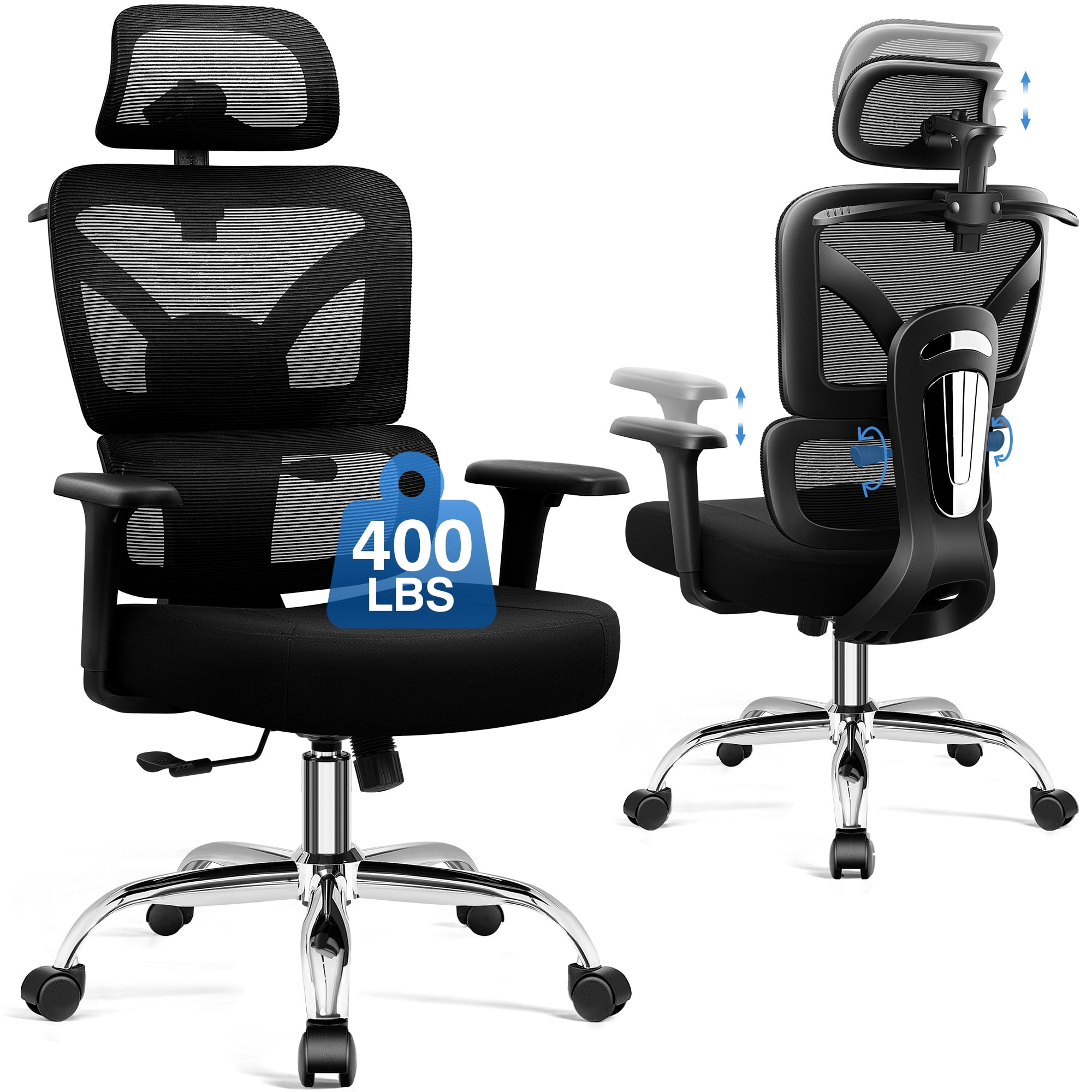 COOLHUT Ergonomic Mesh Office Chair, Big and Tall Computer Desk Chair with Adjustable Lumbar Support, Headrest and Armrest, High Back Home Office Chair for Workspace, Gaming,300LBS, Black