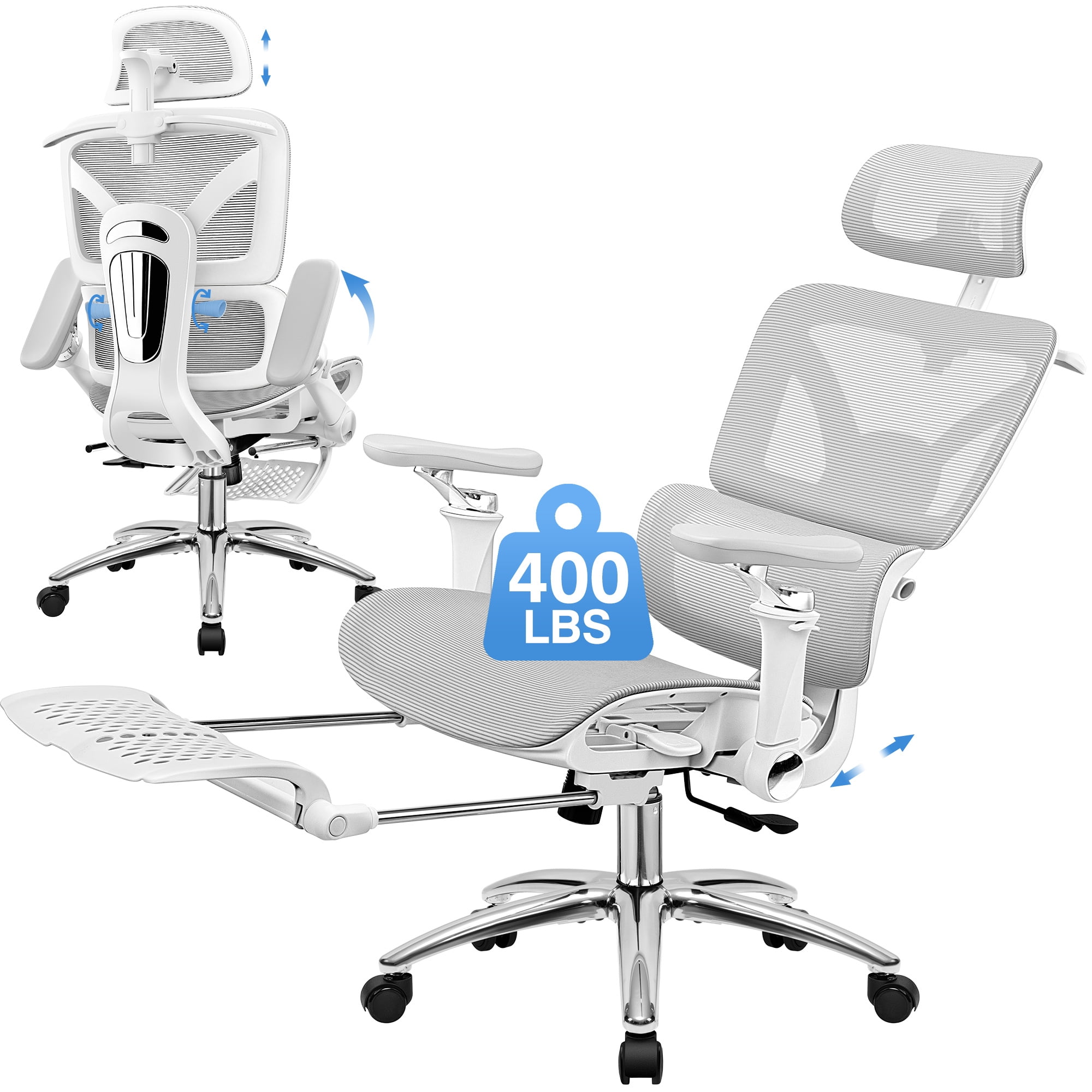 COOLHUT Ergonomic Mesh Office Chair with Footrest, Big and Tall Computer Desk Chair with Adjustable 6D Armrest, Lumbar Support and Headrest High Back Home Office Chair for Workspace, Light Gray