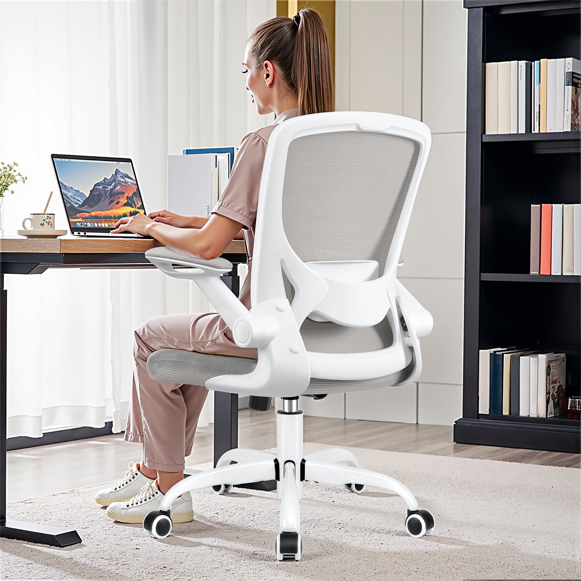 COOLHUT Office Chair, Ergonomic Office Chair, Comfort Home Office Task Chair, Lumbar Support Computer Chair with Flip-up Arms and Adjustable Height, 350LBS, Light Gray
