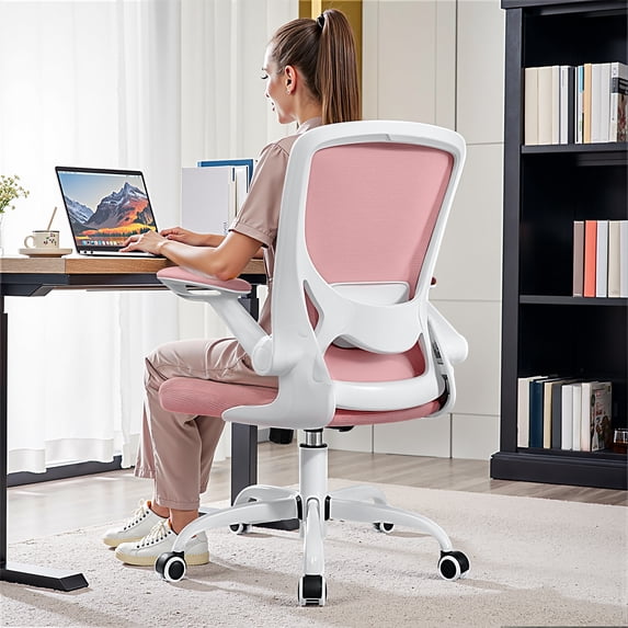 COOLHUT Office Chair, Ergonomic Office Chair, Comfort Home Office Task Chair, Lumbar Support Computer Chair with Flip-up Arms and Adjustable Height, 350LBS, Pink