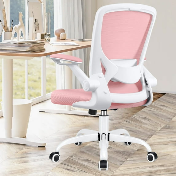 COOLHUT Office Chair, Ergonomic Office Chair, Comfort Home Office Task Chair, Lumbar Support Computer Chair with Flip-up Arms and Adjustable Height, 300LBS, Pink