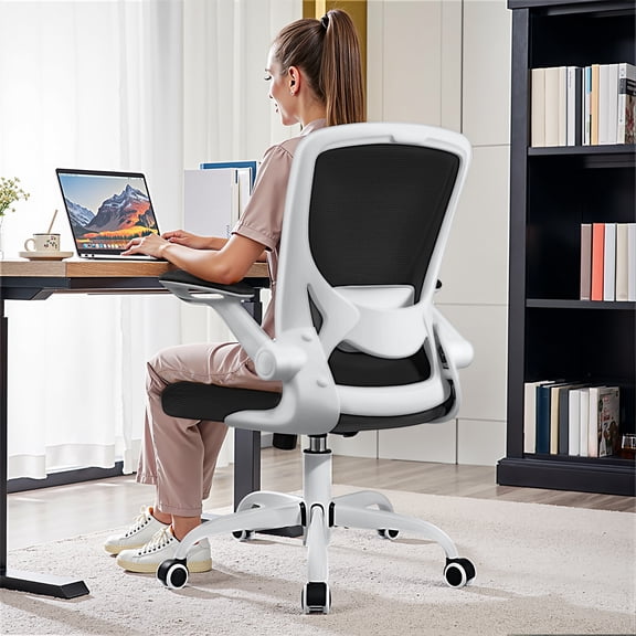 COOLHUT Office Chair, Ergonomic Office Chair, Comfort Home Office Task Chair, Lumbar Support Computer Chair with Flip-up Arms and Adjustable Height, 350LBS, White
