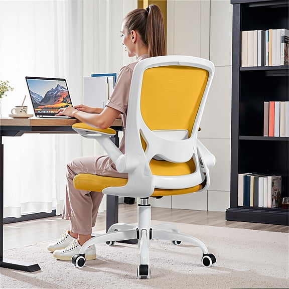 COOLHUT Office Chair, Ergonomic Office Chair, Comfort Home Office Task Chair, Lumbar Support Computer Chair with Flip-up Arms and Adjustable Height, 350LBS, Yellow