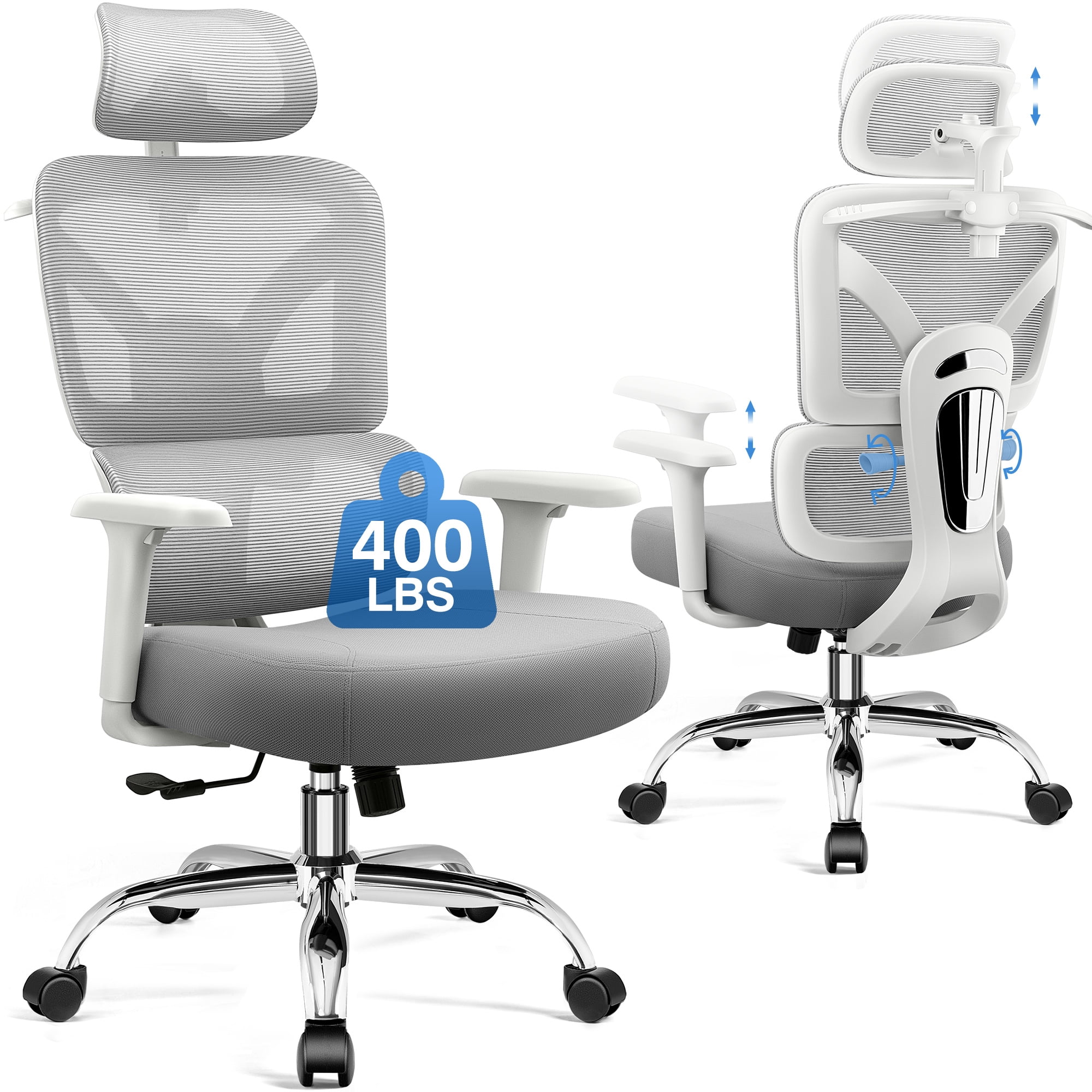 COOLHUT Ergonomic Mesh Office Chair, Big and Tall Computer Desk Chair with Adjustable Lumbar Support, Headrest and Armrest, High Back Home Office Chair for Workspace, Gaming,300LBS, Ligh Gray