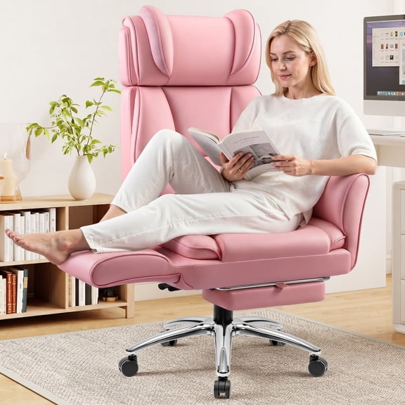 COOLHUT Big and Tall Office Chair, 450lbs Home Office Desk Chair with Flip Armrests Adjustable Headrset, Executive Reclining Office Chair with Footrest, Wide Home Desk Chair, Pink
