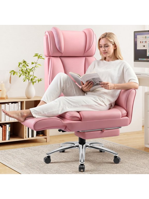 Big and Tall Office Chair, 450lbs Home Office Desk Chair with Flip Armrests Adjustable Headrset, Executive Reclining Office Chair with Footrest, Wide Home Desk Chair, Pink