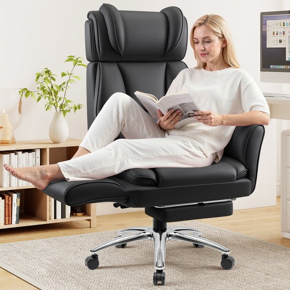 COOLHUT Big and Tall Office Chair, 450lbs Home Office Desk Chair with Flip Armrests Adjustable Headrset, Executive Reclining Office Chair with Footrest, Wide Home Desk Chair, Black