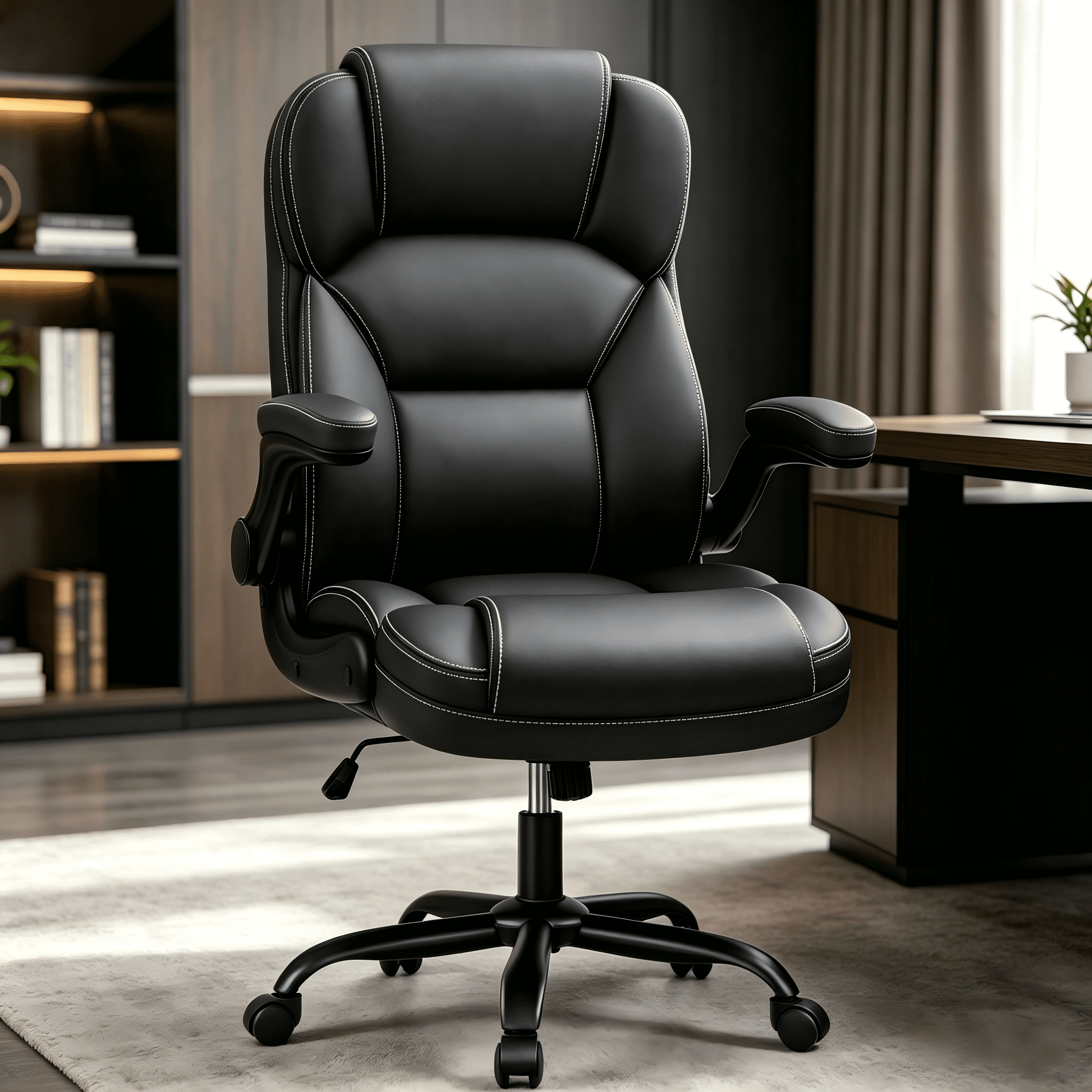 COOLHUT Bige and Tall Executive Office Chair 400lbs, Ergonomic PU Leather Computer Desk Chair with Flip-Up Armrests, Comfy Heavy Duty Office Chair for Home Office Gaming, Black