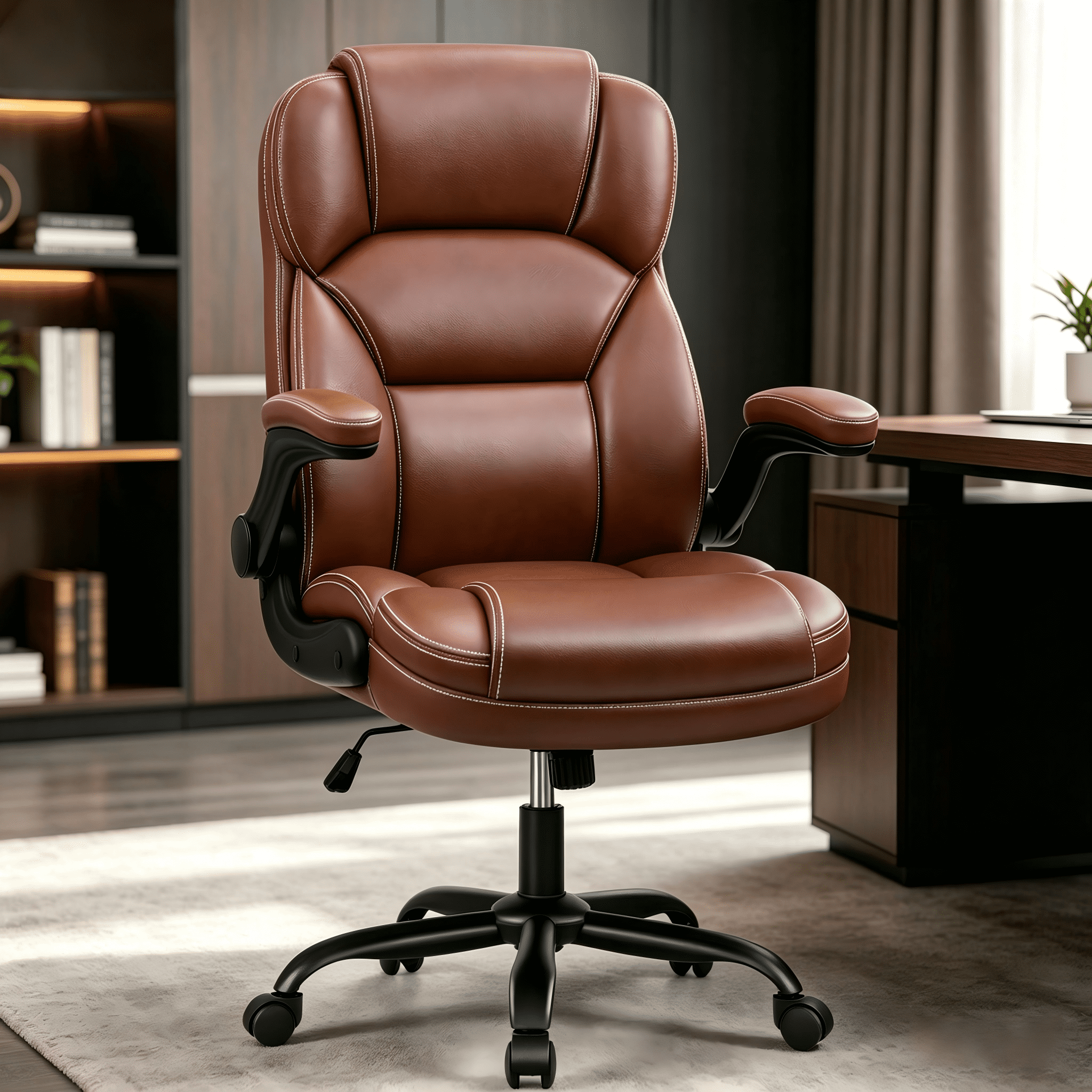 COOLHUT Bige and Tall Executive Office Chair 400lbs, Ergonomic PU Leather Computer Desk Chair with Flip-Up Armrests, Comfy Heavy Duty Office Chair for Home Office Gaming, Vintage Brown