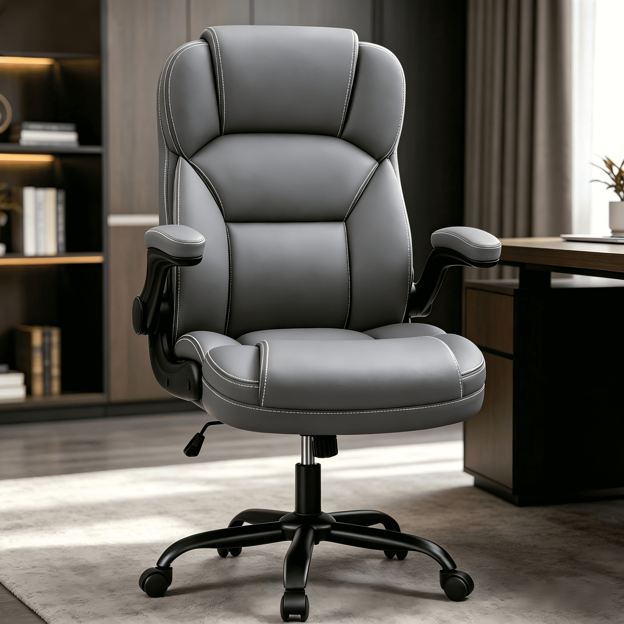 COOLHUT Bige and Tall Executive Office Chair 400lbs, Ergonomic PU Leather Computer Desk Chair with Flip-Up Armrests, Comfy Heavy Duty Office Chair for Home Office Gaming, Gray