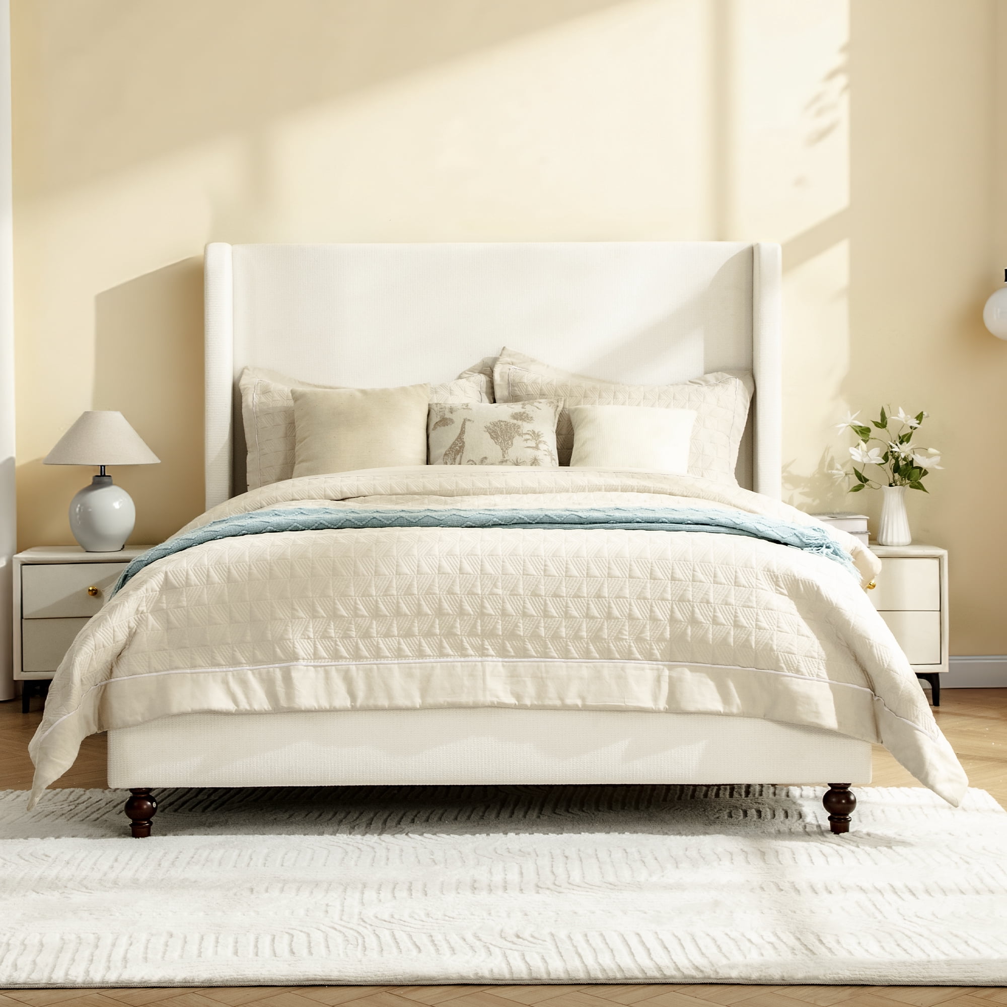 COOLHUT King Size Bed Frame, All Wood Slats Support Platform Bed Frame, Upholstered Wingback Headboard, Solid and Stable Bed Frame, No Box Spring Needed/Easy Assembly/White