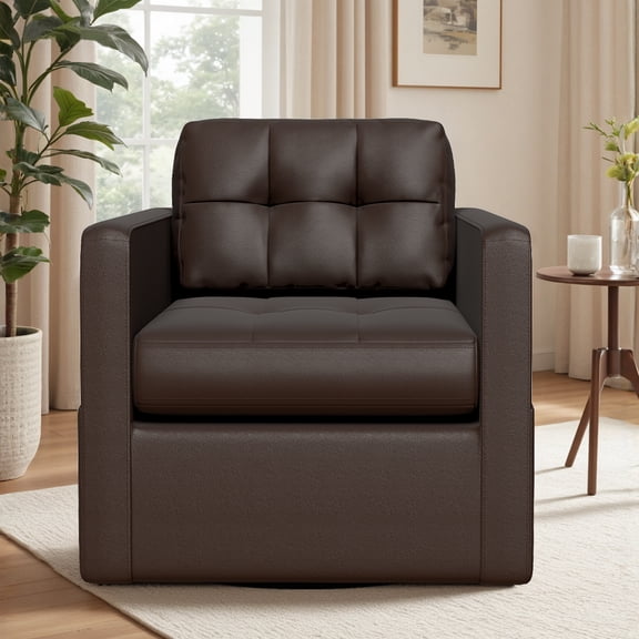 COOLHUT Swivel Accent Chair for Living Room, Modern Faux Leather Armchair with Throw Pillow, Square Upholstered Swivel Armchair with Sturdy Frame, Coffee