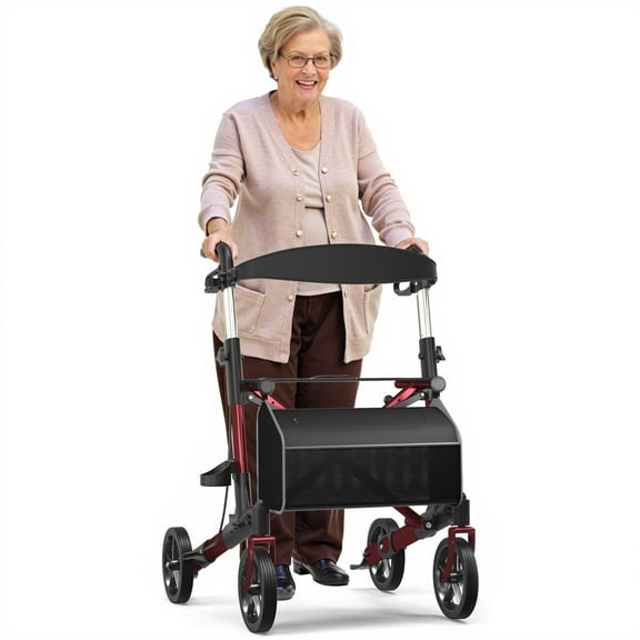 COOLHUT Lightweight Foldable Rollator Walker for Seniors, 8" Rubber Wheels Folding Walking Aid, All Terrain Height Adjustable Mobility Walking Aid with Wheels and Seat Padded，Red