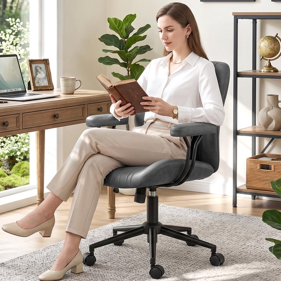 COOLHUT Home Office Chair, PU Leather Ergonomic Computer Desk Chair with Removable Armrests, Mid Century Modren Armrest Office Chair, Rocking Swivel Task Chair, Dark Gray