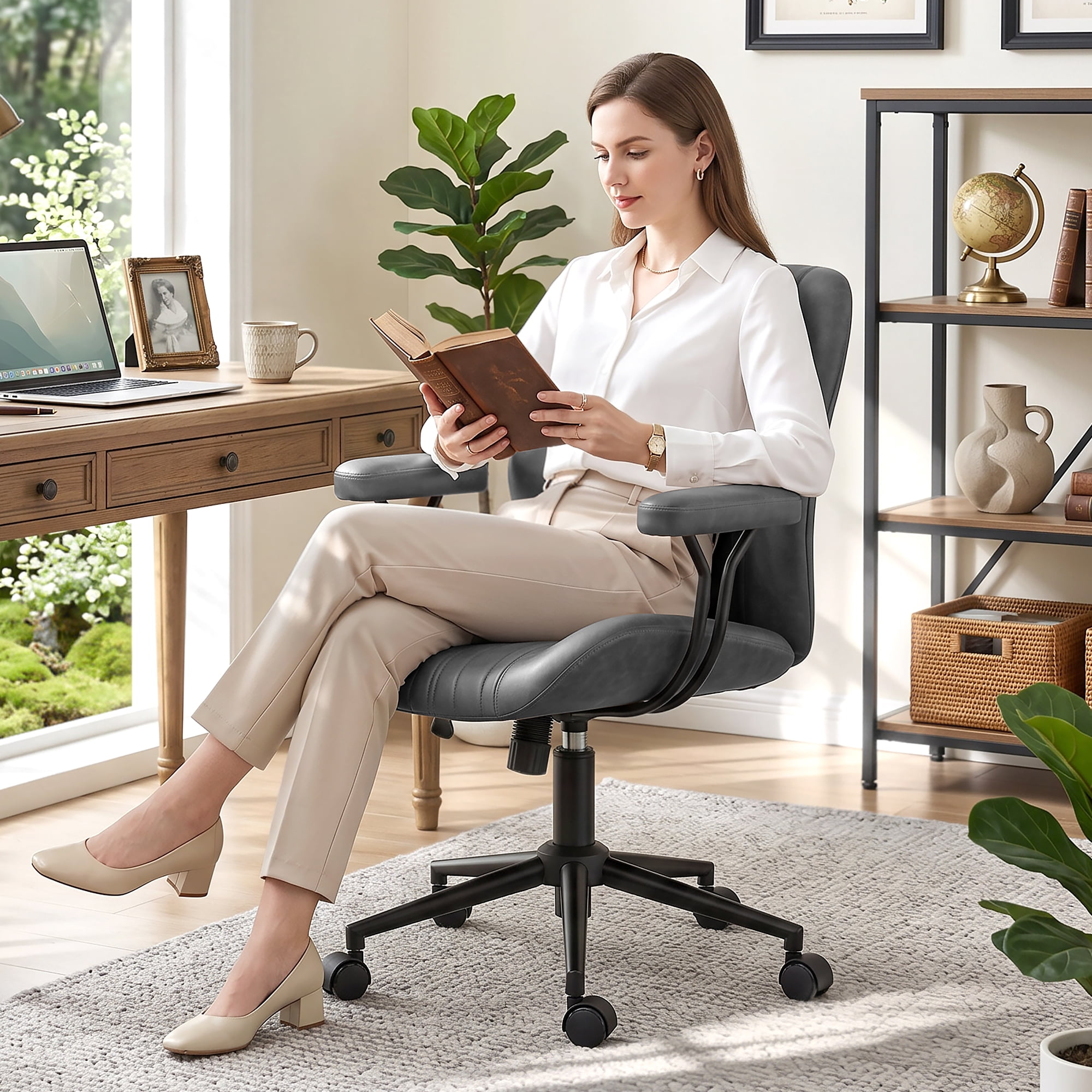 COOLHUT Home Office Chair, PU Leather Ergonomic Computer Desk Chair with Removable Armrests, Mid Century Modren Armrest Office Chair, Rocking Swivel Task Chair, Dark Gray