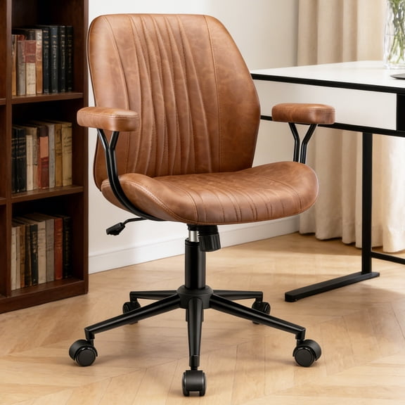 COOLHUT Home Office Chair, PU Leather Ergonomic Computer Desk Chair with Removable Armrests, Mid Century Modren Armrest Office Chair, Adjustable Height Rocking Swivel Task Chair, Brown